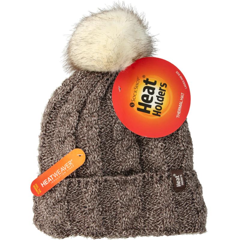 Ladies turnover cable hat with pom pom fawn